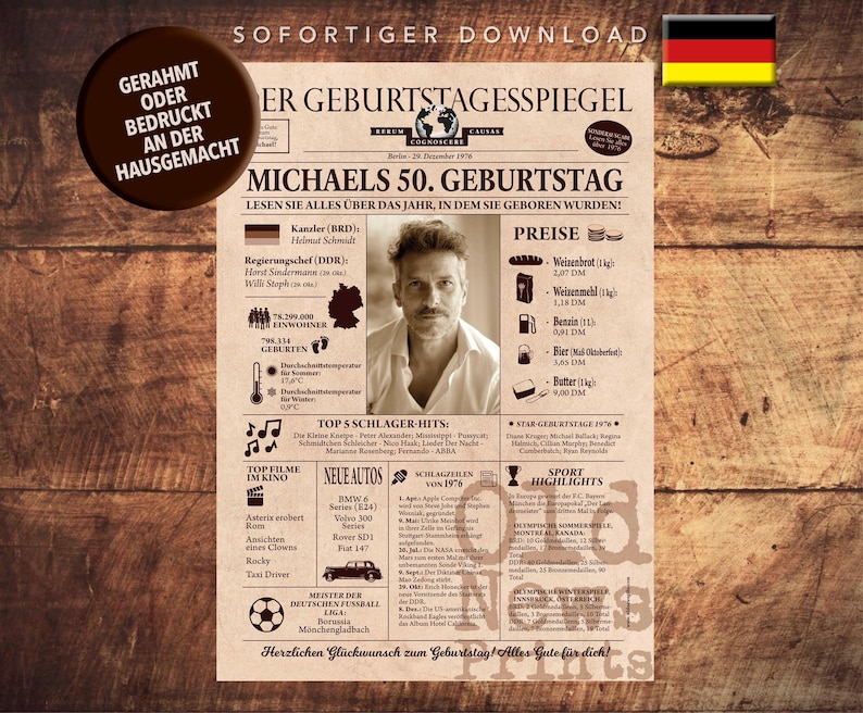 Geschenkidee zum 50. Geburtstag | Personalisierte Zeitung Deutschland | Vintage Titelseite Geburtsjahr | 50th birthday gift image 1