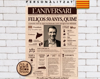 Regal d'aniversari 50anys: Pòster personalitzat de portada de diari vintage de Catalunya (1974)