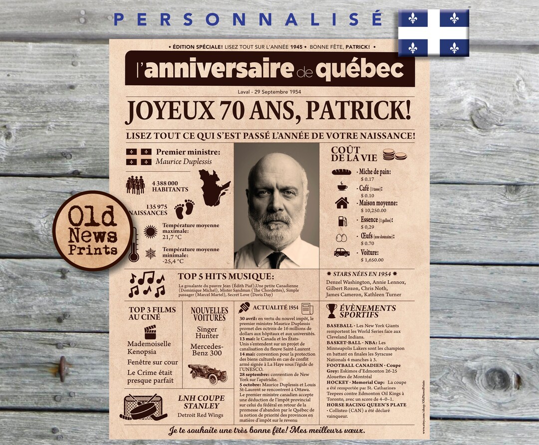 Journal de naissance Québec 1954 Affiche année de naissance