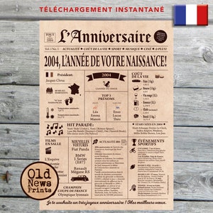 Cadeau 21 anos, Affiche journal rétro, Cadeau anniversaire, Cadeau homme 21 ans, Affiche personnalisée, Né en 2004, Affiche Journal français