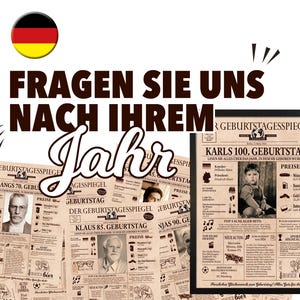 May include: A vintage-style newspaper design with a birthday game. The headline reads "Karls 100. Geburtstag" and the text below says "Lesen Sie alles über das Jahr, in dem Sie geboren wurden!"  The newspaper is framed in a black frame.