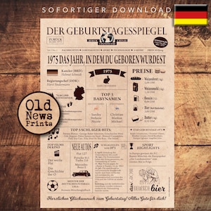 Geschenkzeitung zum 50. Geburtstag 1975- Vintage DEUTSCH Geburtstagszeitung mit echten Daten - einzigartiges Geburtstagsgeschenk