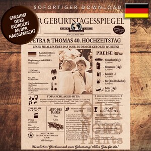 以下が含まれることがあります： 「Geburtstagsspiegel」という見出しがついた、ヴィンテージスタイルの新聞の切り抜き。40回目の結婚記念日を祝うカップルの写真が掲載されています。新聞には、トップソング、映画、イベントなど、1984年の詳細が記載されています。切り抜きの下部には、「Herzlichen Gl&uuml;ckwunsch zum Geburtstag! Alles Gute f&uuml;r ihr!」というテキストがあります。