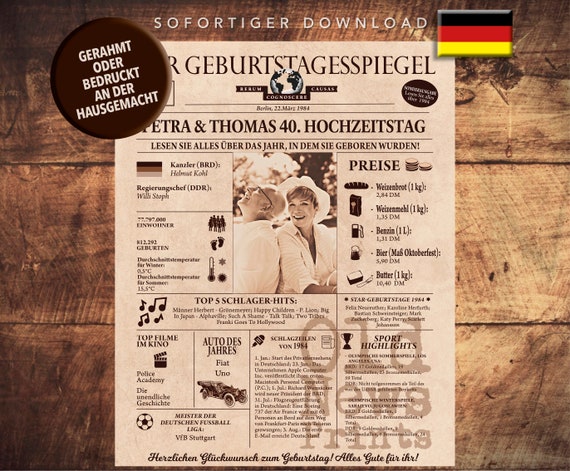 Geschenk zum 40. Hochzeitstag, Newspaper print, Digital download, 40 years Wedding Anniversary, Valentine's Day, Wedding Day