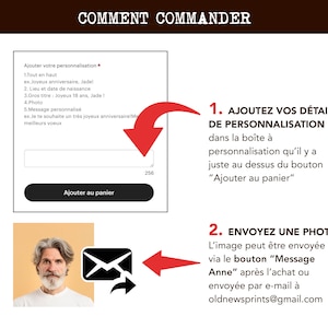 May include: An instructional graphic titled COMMENT COMMANDER with two steps. Step 1 shows a personalization text box with the label AJOUTER VOTRE PERSONNALISATION and an AJOUTER AU PANIER button. Step 2 shows a portrait photo and an envelope icon.