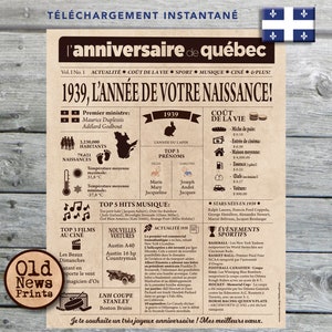 Affiche 1939 QUÉBEC - Affiche année de naissance, anniversaire 86 ans, décoration fête anniversaire, cadeau 86 ans, CANADA