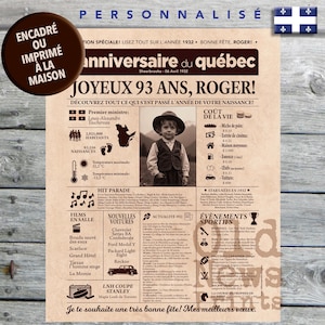 Journal de naissance Québec 1932 - Affiche année de naissance, cadeau pour homme 93 ans, décoration fête anniversaire, cadeau 93 ans, CANADA