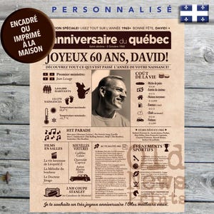 Journal de naissance Québec 1965 - Affiche année de naissance, cadeau pour homme 60 ans, décoration fête anniversaire, cadeau 60 ans, CANADA