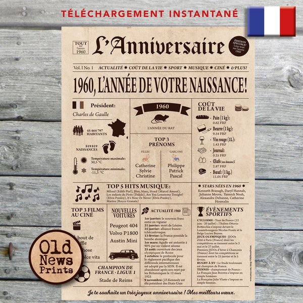 Affiche 1960 - Affiche année de naissance, anniversaire 64 ans, idée cadeau pas cher, décoration fête anniversaire, cadeau dernière minute