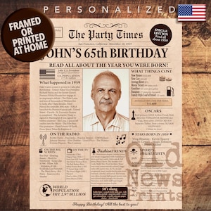 65th Birthday Gift for Men or Women, 1959 Newspaper Poster Sign, 65th Birthday Newspaper Poster Sign, Milestone Birthday