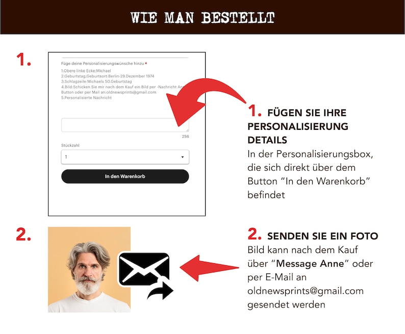 May include: A step-by-step guide with instructions on how to order a product. The image includes a form to add personalization details, a quantity selection, and a button labeled "In den Warenkorb". It also shows how to send a photo.