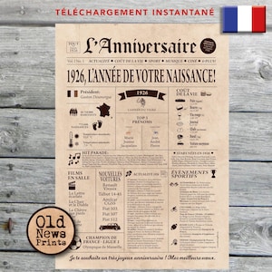 May include: A vintage-style print with the headline "L'Anniversaire" and the year "1926." The print features information about the year of birth, including the president, top names, and events. The print has a weathered, aged appearance.