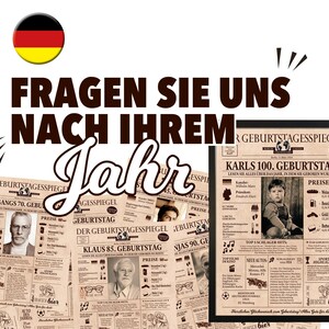 以下が含まれることがあります： 誕生日ゲームが載ったビンテージスタイルの新聞のデザイン。見出しは「Karls 100. Geburtstag」で、その下のテキストは「Lesen Sie alles &uuml;ber das Jahr, in dem Sie geboren wurden!」となっています。新聞は黒い額縁に入っています。