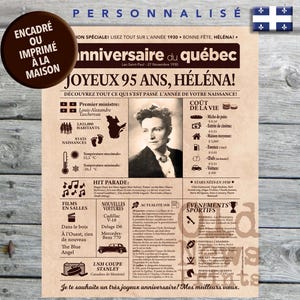 Journal de naissance Québec 1930 - Affiche année de naissance, cadeau pour homme 95 ans, décoration fête anniversaire, cadeau 95 ans, CANADA