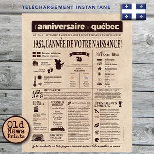 Affiche 1952 QUÉBEC - Affiche année de naissance, anniversaire 73 ans, décoration fête anniversaire, cadeau 73 ans, CANADA