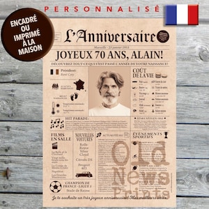 Cadeau 70 ans homme , Affiche journal rétro, Cadeau anniversaire, Cadeau homme 70 ans, Affiche personnalisée, Né en 1955, Journal français