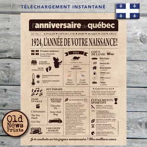 Journal de naissance Québec 1924 - Affiche année de naissance, anniversaire 101 ans, décoration fête anniversaire, cadeau 101 ans, CANADA