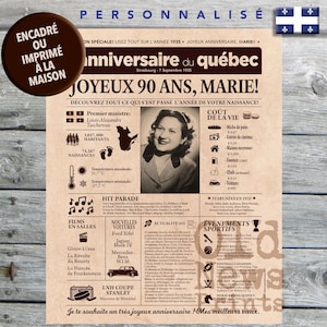 Journal de naissance Québec 1935 - Affiche année de naissance, anniversaire 90 ans, décoration fête anniversaire, cadeau 90 ans, CANADA