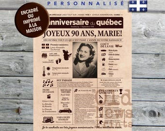 Journal de naissance Québec 1935 - Affiche année de naissance, anniversaire 90 ans, décoration fête anniversaire, cadeau 90 ans, CANADA
