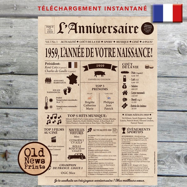 Affiche 1959 - Affiche année de naissance, anniversaire 65 ans, idée cadeau pas cher, décoration fête anniversaire, cadeau dernière minute