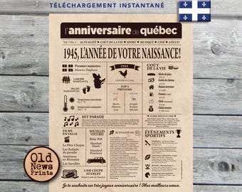 Journal de naissance Québec 1945 - Affiche année de naissance, anniversaire 80 ans, décoration fête anniversaire, cadeau 80 ans, CANADA