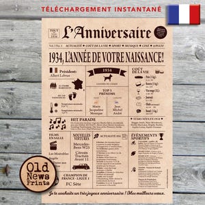 Cadeau 91 ans, Affiche journal rétro, Cadeau anniversaire, Cadeau homme 91 ans, Affiche personnalisée, Né en 1934, Affiche journal français