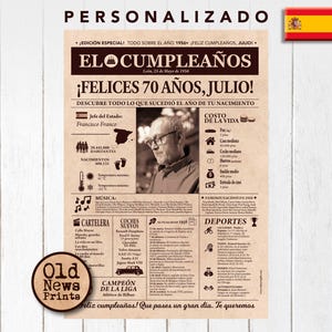 Puede incluir: Una impresión personalizada de estilo vintage con el titular "EL CUMPLEAÑOS" y el texto "¡FELICES 70 AÑOS, JULIO!". La impresión presenta un retrato, varios hechos y las palabras "Old News Prints" en un logotipo circular. Una bandera española está en la esquina superior derecha.