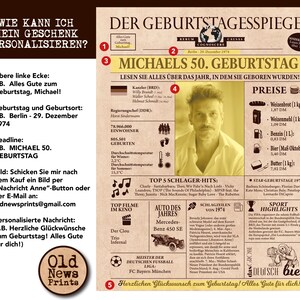 May include: A vintage-style newspaper clipping with a brown background and a headline that reads "Michael's 50th Birthday". The clipping includes a photo of a man with a beard and a list of events that happened in the year 1974.