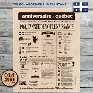 Affiche 1964 QUÉBEC - Affiche année de naissance, anniversaire 61 ans, décoration fête anniversaire, cadeau 61 ans, CANADA