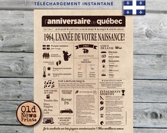 Affiche 1964 QUÉBEC - Affiche année de naissance, anniversaire 61 ans, décoration fête anniversaire, cadeau 61 ans, CANADA
