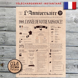 Cadeau 56 ans, Affiche journal rétro, Cadeau anniversaire, Cadeau homme 56 ans, Affiche personnalisée, Né en 1969, Affiche journal français