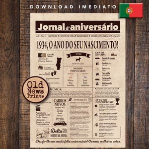 1934 Jornal Vintage Portugal | Cartaz Presente Aniversário 81 anos | Download Instantâneo | Newspaper, Personalized gift | Last minute gift
