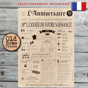Cadeau 52 ans, Affiche journal rétro, Cadeau anniversaire, Cadeau homme 52 ans, Affiche personnalisée, Né en 1973, Affiche journal français