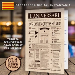 Postal d'aniversari 50 anys: postal descarregable portada diari vintage Catalunya 1975. Verjaardagskaart, krant 51e verjaardag