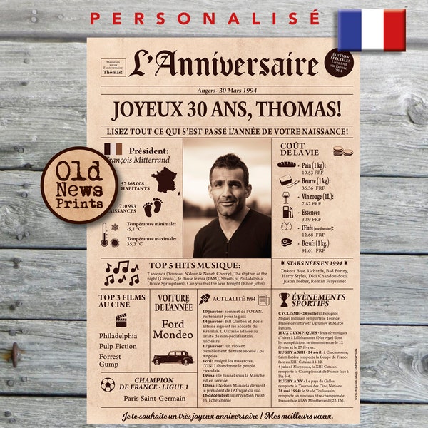 Cadeau 30 ans homme , Affiche journal rétro, Cadeau anniversaire, Cadeau homme 30 ans, Affiche personnalisée, Né en 1994, Journal français