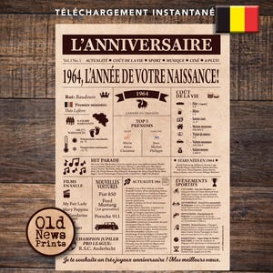 Affiche 1964 BELGIQUE- Affiche année de naissance, anniversaire 61 ans, idée cadeau pas cher, déco fête anniversaire, cadeau dernière minute