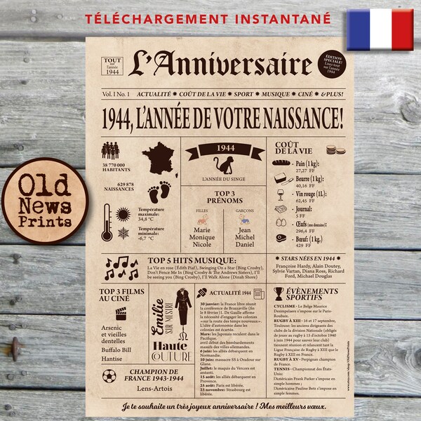 Affiche 1944 - Affiche année de naissance, anniversaire 80 ans, décoration fête anniversaire, cadeau de dernière minute