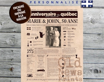 Cadeau anniversaire de mariage 50 ans ·Journal rétro personnalisé (Québec) · Affiche couple