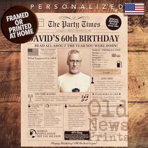 60th Birthday Gift for Him or Her, Milestone Birthday, 60th Birthday Newspaper Poster, Gifts for Men, Gifts for Women, Back in 1964