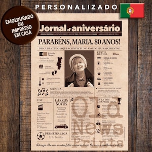 1945 Cartaz Aniversário Personalizado - Presente 80 Anos - Jornal Portugal | Personalized 81th Birthday Gift - Vintage Newspaper Poster