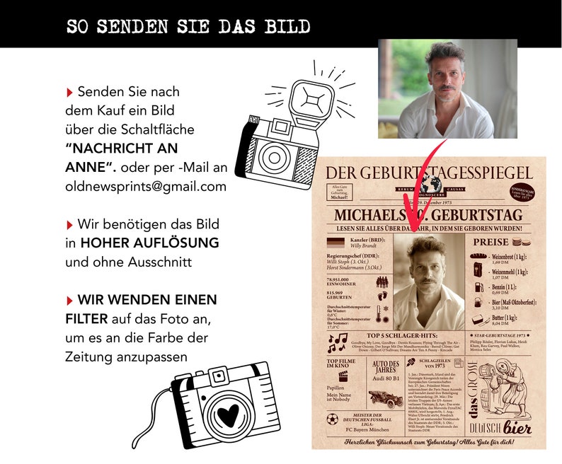 60th Birthday gift, Personalized Birthday newspaper poster, Born in 1964, German Birthday gift, Birthday party decoration, 60 years old image 8