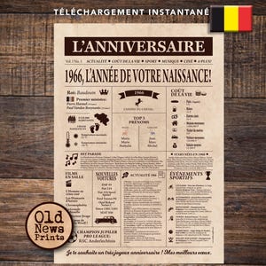 May include: A vintage-style print with the headline "L'ANNIVERSAIRE" and the year "1966." The print includes various facts and information from that year, with the text "OLD News Prints" in a circular logo. The background is a light tan color.
