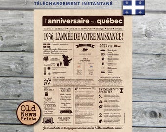Journal de naissance Québec 1936 - Affiche année de naissance, anniversaire 90 ans, décoration fête anniversaire, cadeau 90 ans, CANADA