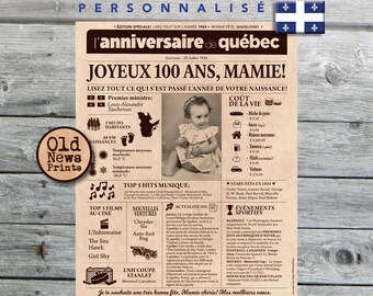 Journal de naissance Québec 1924 - Affiche année de naissance, anniversaire 100 ans, décoration fête anniversaire, cadeau 100 ans, CANADA