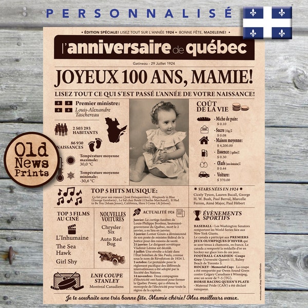 Journal de naissance Québec 1924 - Affiche année de naissance, anniversaire 100 ans, décoration fête anniversaire, cadeau 100 ans, CANADA