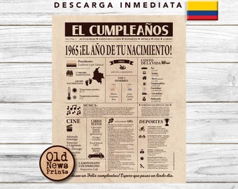 Regalos para Celebrar 60 Años: Portadas Vintage y Periódicos de Cumpleaños. Portada Año de Nacimiento en Colombia 1965.