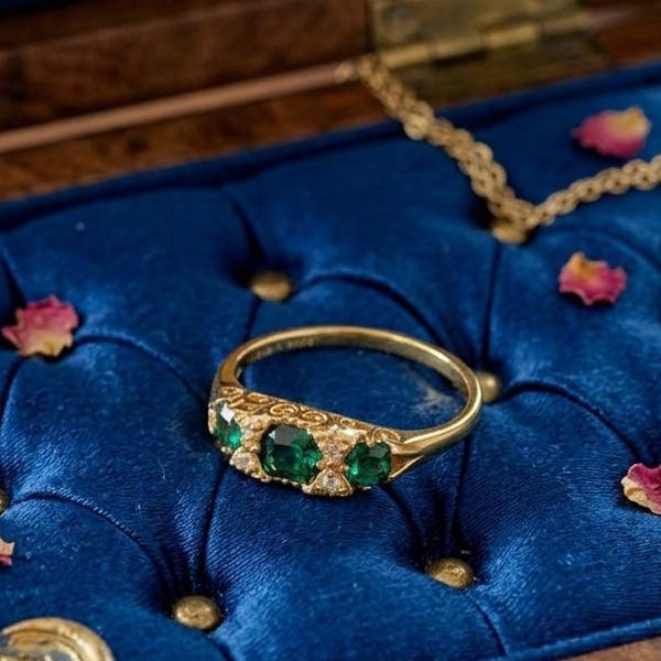 Bague vintage en filigrane d'émeraudes et de diamants en or 14 carats