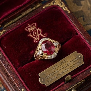 Peut inclure: Une bague en or avec une grosse pierre centrale ovale en rubis, entourée de petits diamants, présentée dans un écrin en velours rouge. La boîte a des bordures dorées et une petite plaque en laiton avec l'inscription "EST. 1890 | IMPERIAL COLLECTION RUBY & DIAMOND CLUSTER."