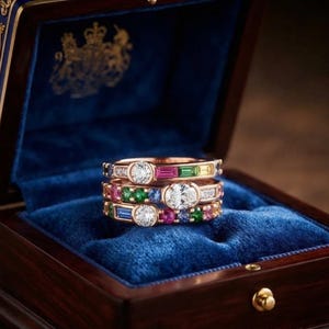 Könnte beinhalten: Ein Stapel aus drei Ringen aus Roségold mit einer Vielzahl von mehrfarbigen Edelsteinen, darunter runde und im Baguetteschliff geschliffene Diamanten sowie rosa, grüne und blaue Steine. Die Ringe liegen in einer dunklen Holzschatulle mit blauem Samtfutter.