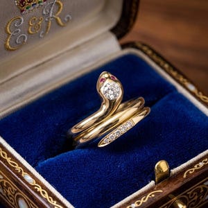 May include: A gold snake ring featuring a round brilliant-cut diamond set in the head, two small red gemstone eyes, and a row of four small diamonds along the tail. The ring is displayed inside a dark blue velvet-lined jewelry box.